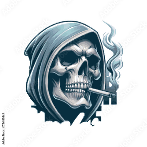 Scary human skull illustration with bones and teeth in black and white horror style