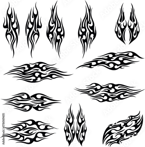 Flame decal. Fire abstract black silhouette flames for race car or tattoo. Tribal flame hotrod car vinyl decals and motorcycle airbrush stencil. Burning element vector set with white background.