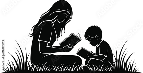 Cad drawing flat vector illustration, reading together silhouette, adult and child on grass, peaceful learning moment, nature setting, storytelling bonding concept