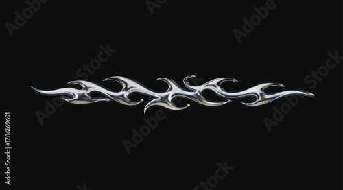 Gothic Y2K tribal sigilism tattoo in 3D chrome liquid-mercury flame, molten metallic cyber emblem; abstract neo-tribal design element, high-gloss steel reflections, cinematic 3D illustration.