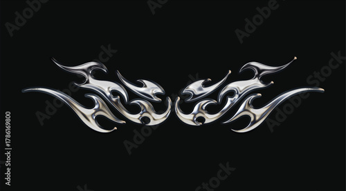 3D chrome metal Y2K tribal sigilism tattoo, gothic cyber-sigil liquid-mercury flame, metallic melted burn form; abstract neo-tribal design element, glossy steel, futuristic 3D illustration.