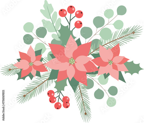 Flat lay of a Christmas flower arrangement featuring poinsettias, holly berries, and evergreen branches on a white background with a festive mood.