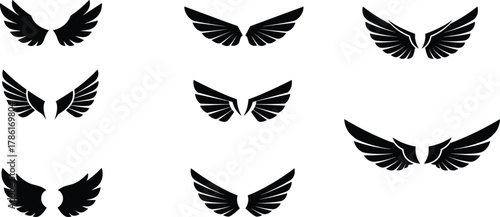Black wing vector set, symmetrical wing icons, feather silhouette graphics, digital wing design, stylized wing shapes, editable wing illustrations