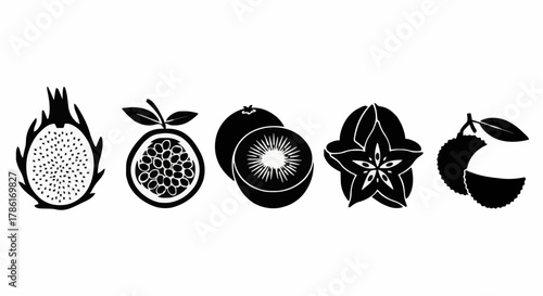 A vibrant collection of exotic and tropical fruit icons, presented as elegant black silhouettes, featuring dragon fruit, kiwi, star fruit, pomegranate, and citrus