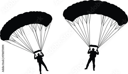 Parachute silhouette, skydiving, extreme sport, aerial descent, dome canopy, flying, adventure, black vector, harness, aviation, outdoor, jump, freefall, safety, airborne, parachutist,