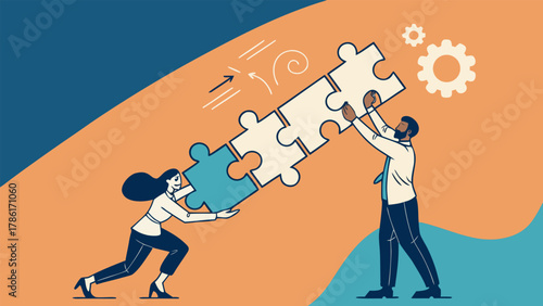 Dedicated professionals collaborating to connect puzzle pieces, symbolizing teamwork, strategy, and successful project completion for business growth.