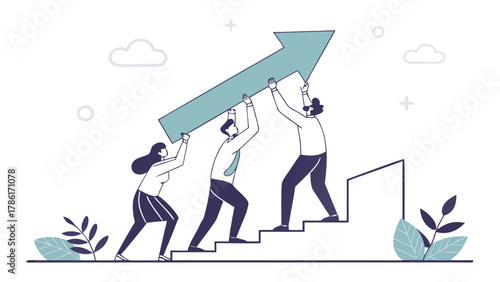 United team ascends stairs carrying growth arrow, achieving success together, symbolizing progress and collaboration in business.