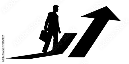 Ambitious professional climbs to success, walking up arrow with briefcase, demonstrating career growth and upward mobility, originally created as scalable vector art