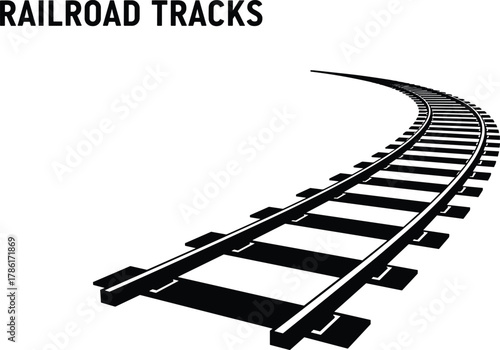 Railroad tracks, curved rail, black silhouette, transportation, infrastructure, travel path, steel rail, perspective, train route, transit, commute,