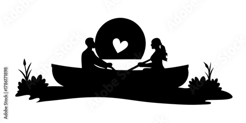 Romantic silhouette of couple rowing on water with heart reflecting love and togetherness, perfect for wedding, valentine, or anniversary designs