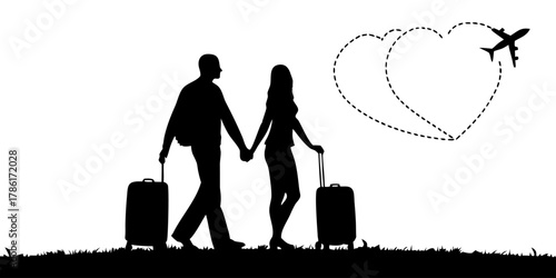 Romantic getaway awaits as couple journeys together, jet plane soars, hearts intertwine, silhouette against love filled sky, vacation adventure begins