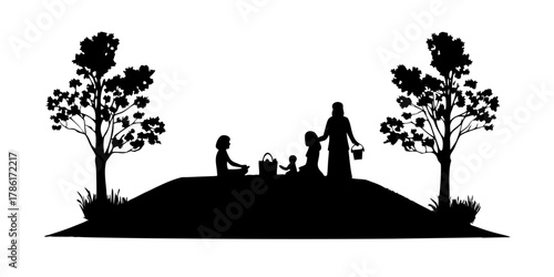 Enchanting silhouette of family picnic amid nature's embrace, fostering togetherness, joy, and cherished memories, perfect for heartwarming stories and designs