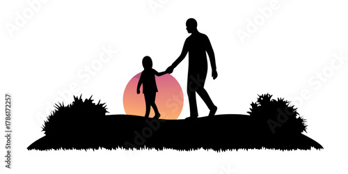 Heartwarming silhouette of father and child walking at sunset, creating lasting memories and family bonds, perfect for Father's Day or parenting campaigns