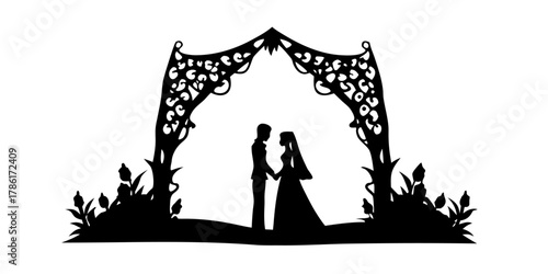 Elegant wedding silhouette of a bride and groom under a decorative archway, perfect for invitations, cards, and romantic designs, originally a vector graphic