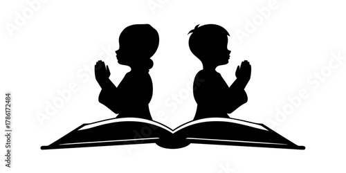 Touching silhouette of children in prayer over an open book, a symbol of faith, innocence and devotion. Ideal for religious themes and heartfelt messages