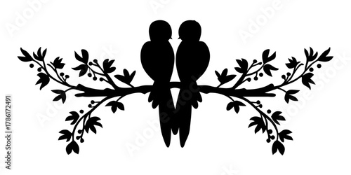 Elegant silhouette of two birds perched on a blossoming branch, perfect for nature-inspired designs, wedding invitations, and romantic projects symbolizing love