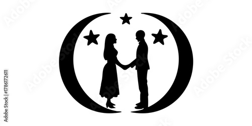 Romantic silhouette of a couple holding hands under the stars and crescent moon, symbolizing love, commitment, and celestial connection, a magical moment