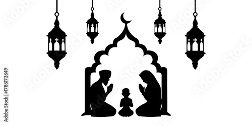 Elegant silhouette of Muslim family praying during Ramadan under starry lanterns, a beautiful symbol of faith and devotion for peaceful celebrations