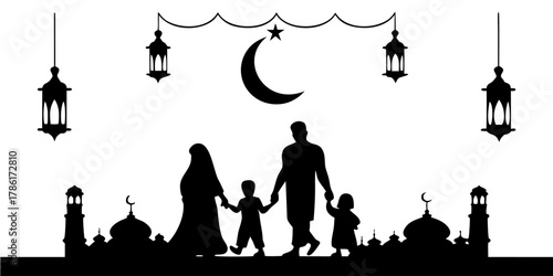 Elegant silhouette of Muslim family celebrating Ramadan under crescent moon and lanterns, embracing faith and cultural heritage with joyous togetherness