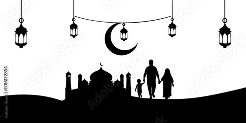 Elegant illustration of Muslim family walking to mosque under crescent moon and lanterns, celebrating faith and togetherness during Ramadan in a vector style