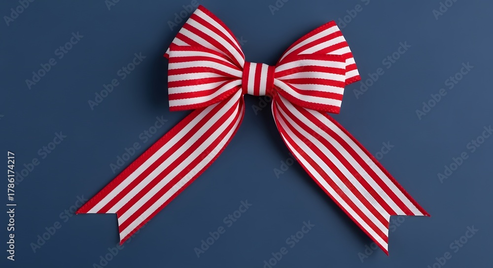 Obraz premium Festive red and white striped ribbon bow tied for a gift or celebration on a classic blue background