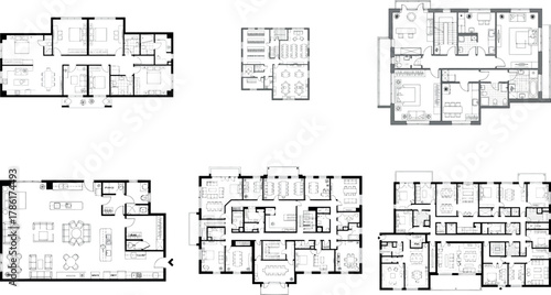 Collection of six different floor plan layouts