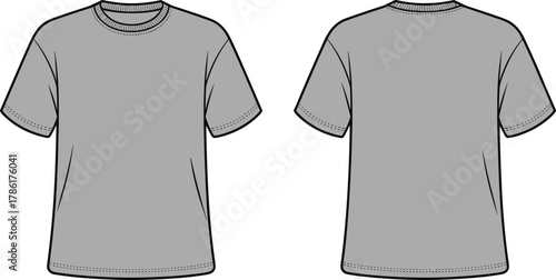 Short sleeve crew neck T-shirt, technical flat sketch, stitching details, front back view, basic tee design, apparel template