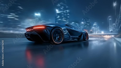 Futuristic sports car speeding down highway at night motion blur