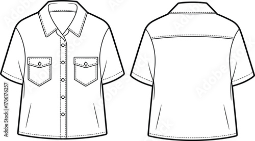 Short sleeve button-up shirt, technical flat sketch, flap pockets, collar stand, yoke back, topstitching details, fashion illustration, apparel template