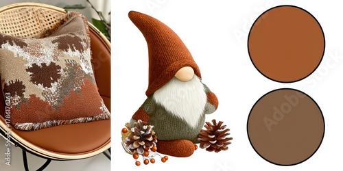 Mocha Mousse Cozy Gnome concept. Cozy autumn decor with a gnome, pillow, and color swatches.