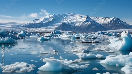 Glacial lake with icebergs against snow capped mountains under blue sky