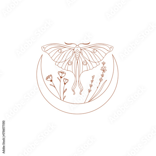 Lunar moth with wildflowers and moon