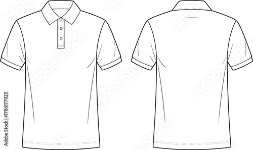 Cad drawing flat vector illustration, short sleeve polo shirt front and back view, fashion technical sketch, cuffed sleeve, placket design