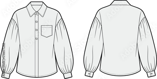 Cad drawing flat vector illustration, women’s shirt front and back view, fashion technical sketch, chest pocket, gathered sleeve design
