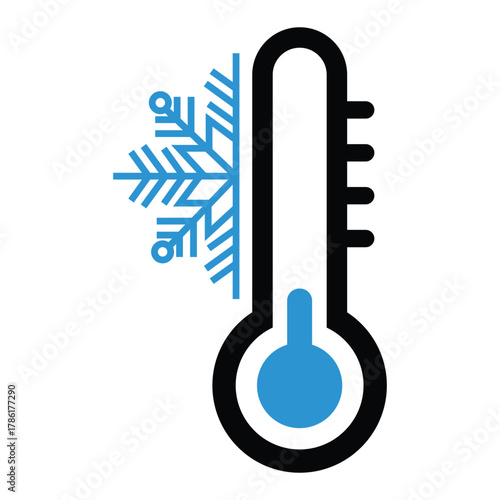 A vector icon of a thermometer with the temperature indicating cold, represented by a low blue liquid level and an adjacent blue snowflake. Symbolizes cold weather, low temperature, freezing.
