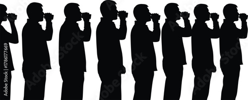 Silhouette of man drinking coffee, daily routine, beverage motion, lifestyle concept, black figure, isolated pose, time-lapse sequence, habit