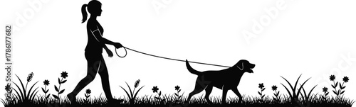 Silhouette of person walking dog, leash pet outdoors, black and white vector, nature scene, grass, flowers, peaceful moment, companionship