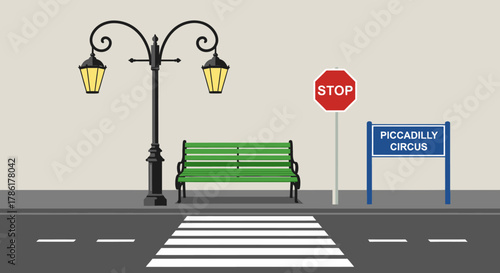 Urban Scene with Bench, Streetlight, and Piccadilly Circus Sign.