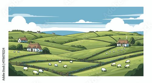 Idyllic Countryside Scene with Rolling Hills and Grazing Sheep.