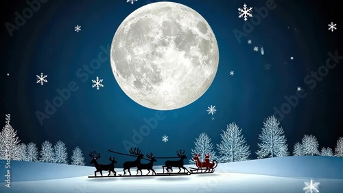 A magical sleigh ride accompanied by reindeer glides through a snowy landscape beneath a bright moon and falling snowflakes