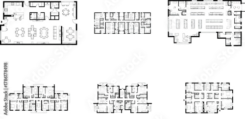 Set of architectural floor plans for different housing types