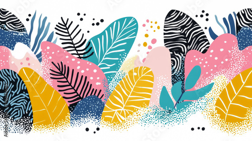 Vibrant Abstract Botanical Foliage Illustration with Playful Textures, Modern Graphic Elements, and Bright Colors on White Background