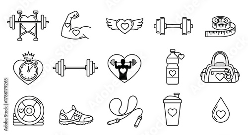 Fitness and wellness equipment concept with heart detail vector monochrome outline design suitable