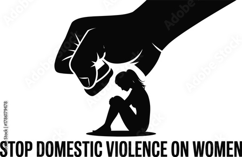 Symbolic image of a large fist crushing a small silhouette of a woman representing domestic violence against women
