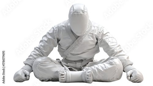 White Karate Fighter Sitting in Meditation Pose on white Background