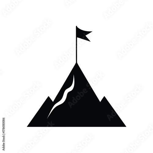 Minimal mountain with flag on top silhouette vector with white background for adventure, mountaineering and success design