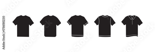 Black T-Shirt Silhouette Icon Set Vector Illustration of Clothing Design. Minimal Black T-Shirt Vector Icons Set for Clothing and Fashion Design. T-shirt vector icon set. Clothing symbol.