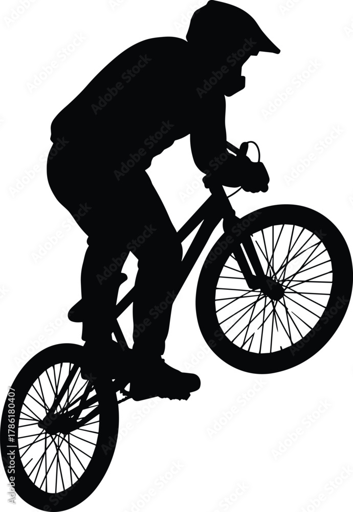 Fototapeta premium Silhouette, BMX, stunt, cyclist, airborne, jump, extreme, sport, helmet, action, bike, trick, motion, outdoor, adventure, rider, wheels, mid-air, performance, freestyle