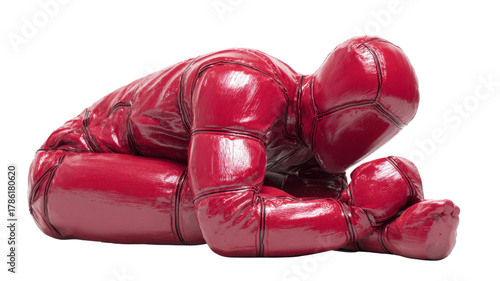 Red Metallic Human Figure Kneeling in Reflective Pose on White Background