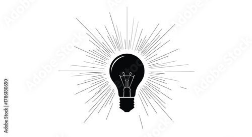 Black silhouette of a classic incandescent light bulb radiating light rays against a white background symbolizing creativity and innovation